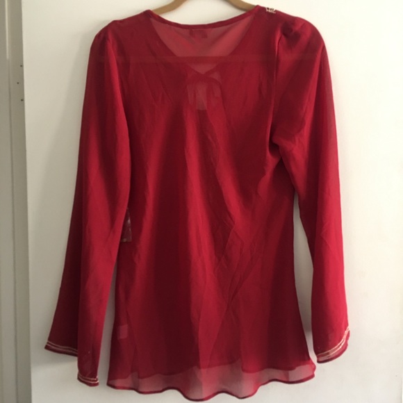 ❤️ Red Kurti-Style Sheer Long Sleeve Tunic Blouse - Picture 8 of 8